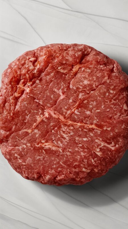 A close up image of a ground beef hamburger patty that has not been cooked yet