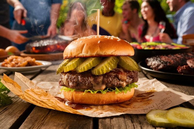 Perfect homemade hamburgers topped with pickles, lettuce, and melted cheese sits on a rustic table with a group of friends enjoying a barbecue in the background.