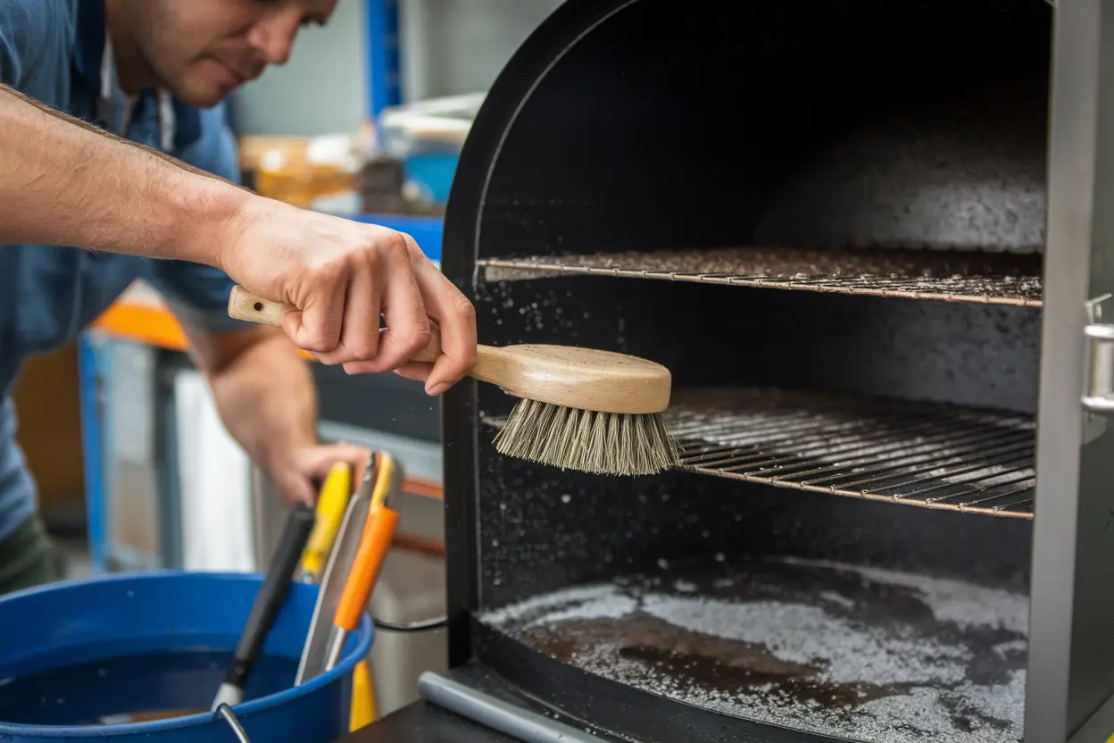 a man cleaning his smoker with a brush and detergent to ensure that it will always be in good working condition