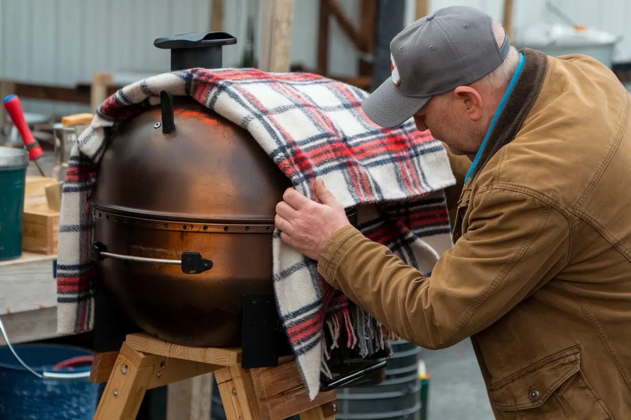 a man insulating his smoker with a heat proof blanket for the colder weather