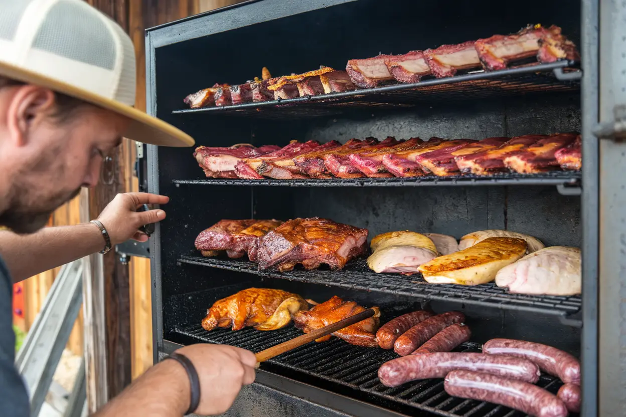 An image of a man standing next to smoker to control the temperature