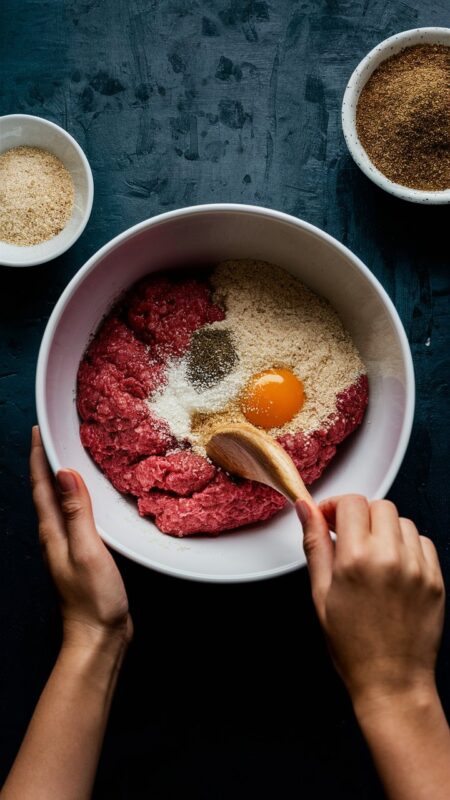 A large bowl that combines all the ingredients to make the burger patties, salt, pepper, egg and mince