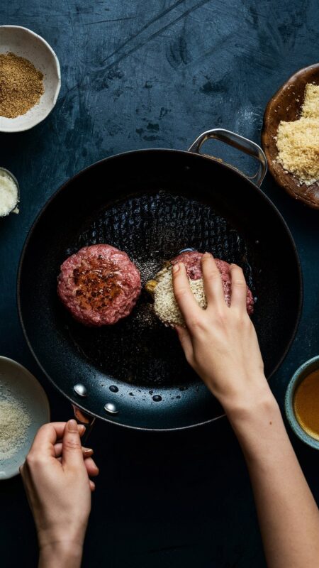 Pan frying hamburger patties in a large pan with various seasonings scattered on the table around. Ready to make perfect homemade burgers