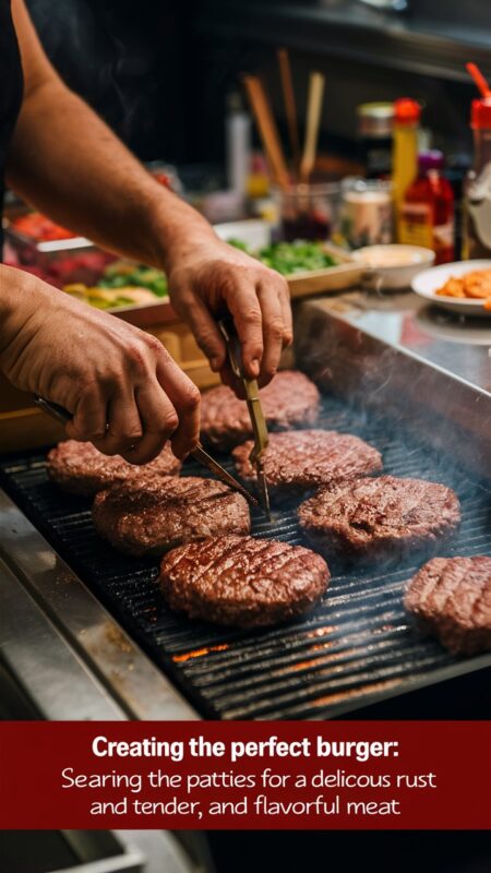 A chef searing perfect homemade hamburger patties on a grill, creating a delicious crust while keeping the meat tender and flavorful.