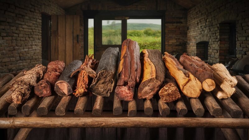 A picture of various logs of wood stacked on top of each other used for smoking brisket, The wood is sitting on a shelf made out of logs in a barn style dwelling 