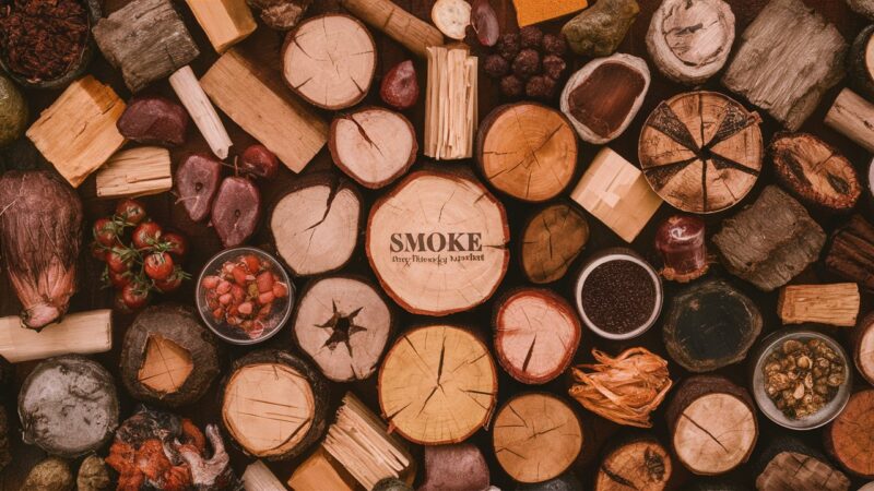 A decorative photo of various types of wood that can be sued to smoke Brisket