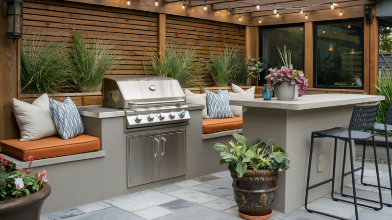 a backyard DIY BBQ outdoor grill station with in built seating for guests