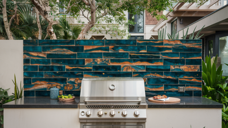 a DIY BBQ outdoor area that has a beautiful statement backsplash behind the BBQ grill station