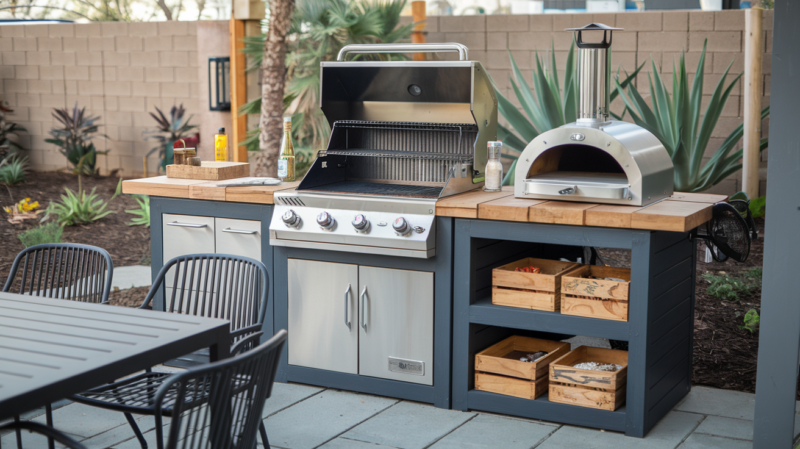 a photo of an accessorized DIY BBQ outdoor area with pizza oven