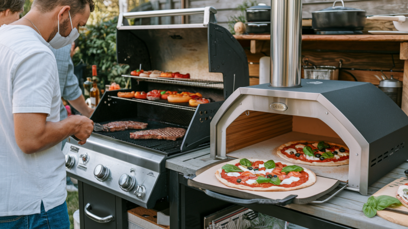 a photo of a backyard outdoor kitchen with a grill and pizza oven for convenient cooking