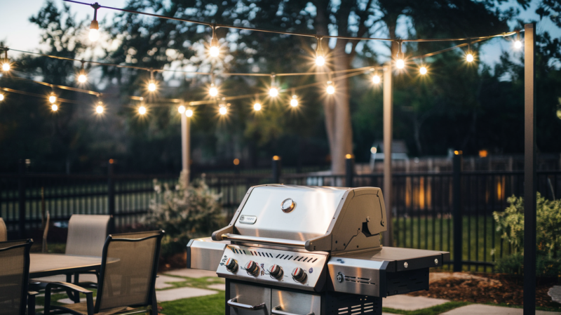 a photo of a DIY BBQ outdoor grill station with lighting hanging above the bbq station