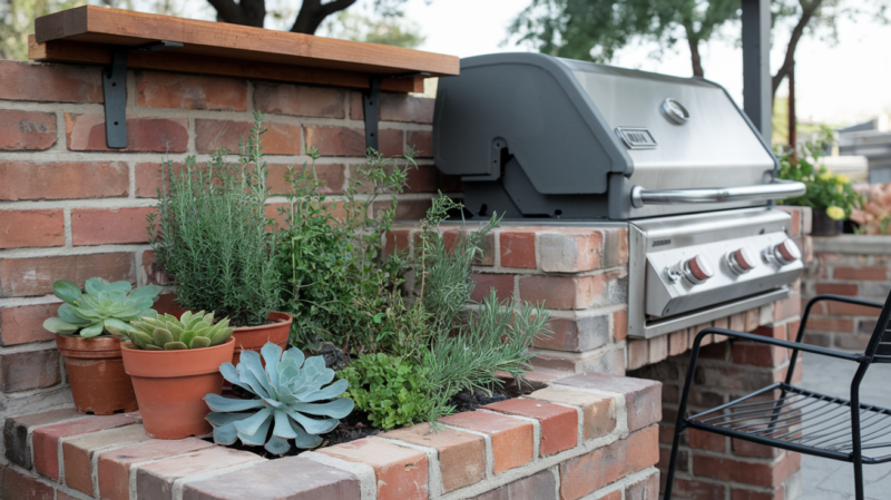 a photo of a DIY BBQ outdoor grill station with succulent planters