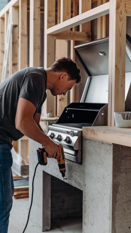 a phot of a man building a diy bbq station