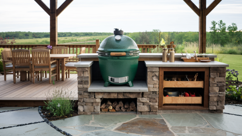 a photo of a relaxing outdoor kitchen with a big green egg front and center in an inbuilt grill station