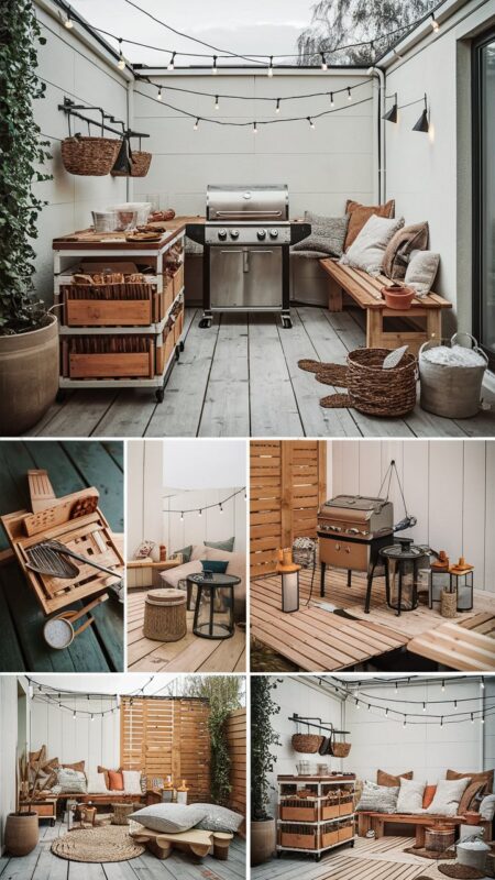 an image of DIY outdoor BBQ grill station with outdoor seating, lighting an inbuilt BBQ and plenty of accessories