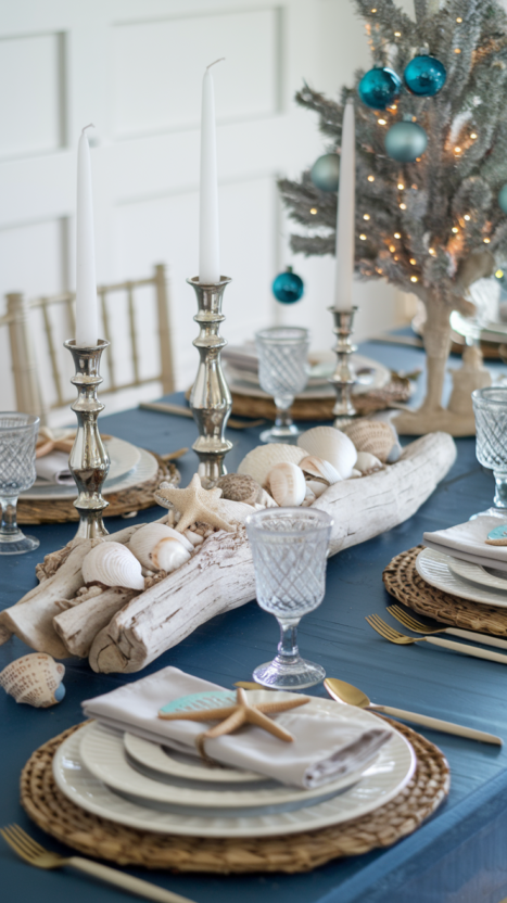 Coastal chic Christmas table setting with seashells, driftwood centerpiece, and silver candlesticks.