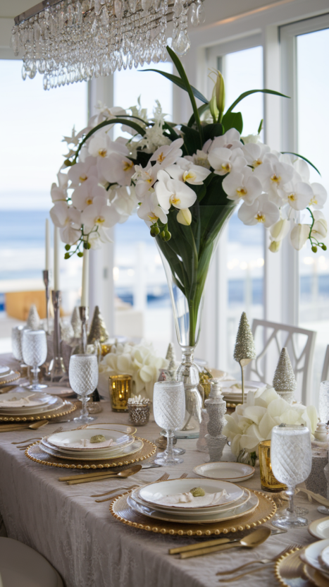 Luxurious coastal Christmas table setting with white orchids, silver accents, and ocean views for an elegant holiday celebration.