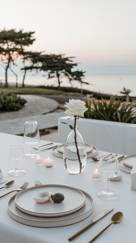 Minimalist coastal table setting with a single white rose and serene ocean backdrop for an elegant gathering