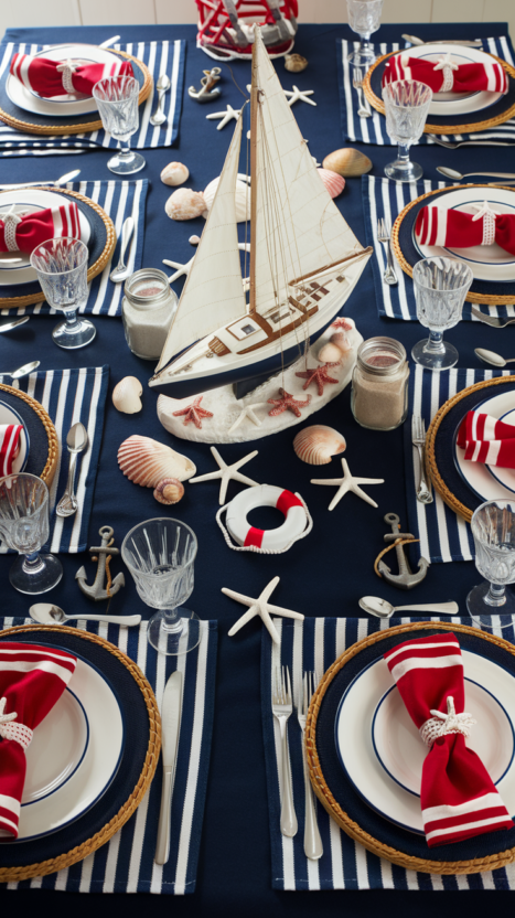 Nautical themed Christmas table setting with sailboat centerpiece, starfish, and striped napkins.