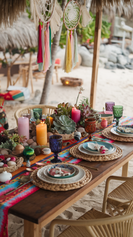 Boho beach Christmas table setting with vibrant colors, succulents, and eclectic decor for a festive seaside gathering.