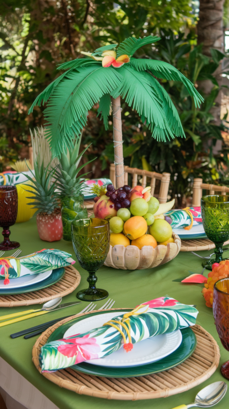 Tropical themed table setting with palm leaves, fruit centerpiece, and colorful glassware.