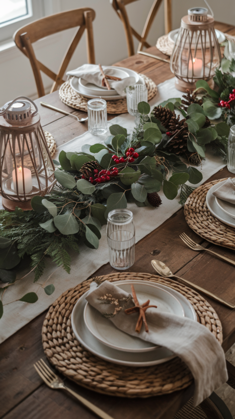 Rustic Christmas table setting with natural greenery, pinecones, and candlelit ambiance for a cozy holiday gathering.